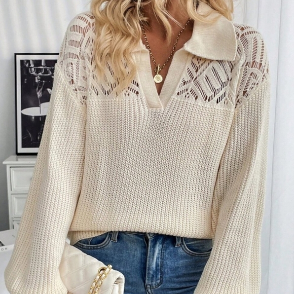 New Sheer Lace Panel Collar Knit Sweater Top Pullover Ivory Beige - Picture 6 of 8